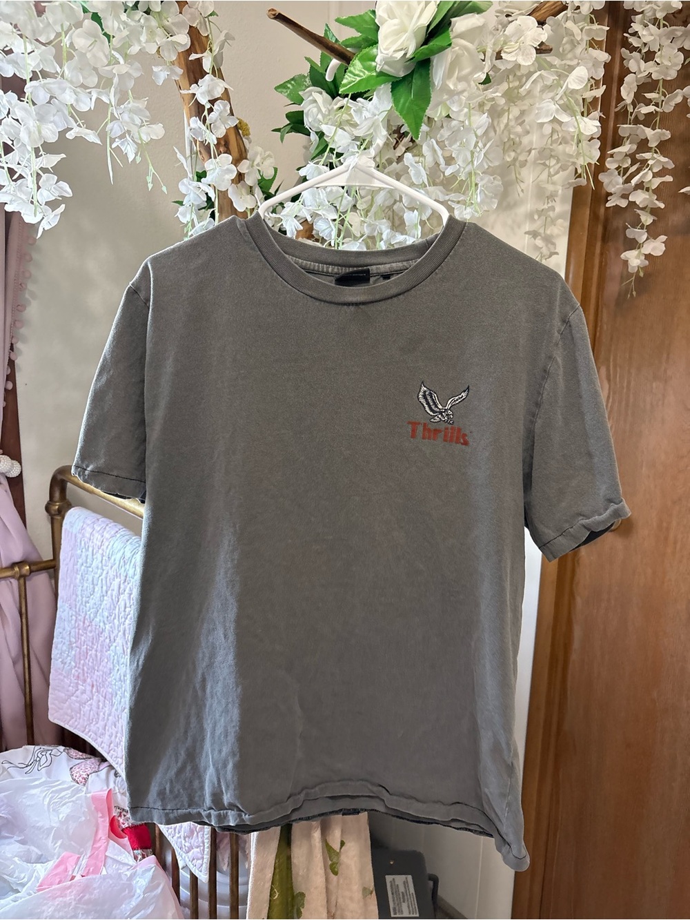 Thrills Gray Tee with Red Logo and Eagle Embroidery 🦅